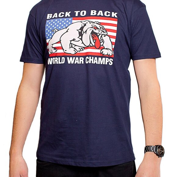 Bulldog USA Back To Back World War Champs Champions Funny T-shirt Navy Patriotic - Picture 1 of 1